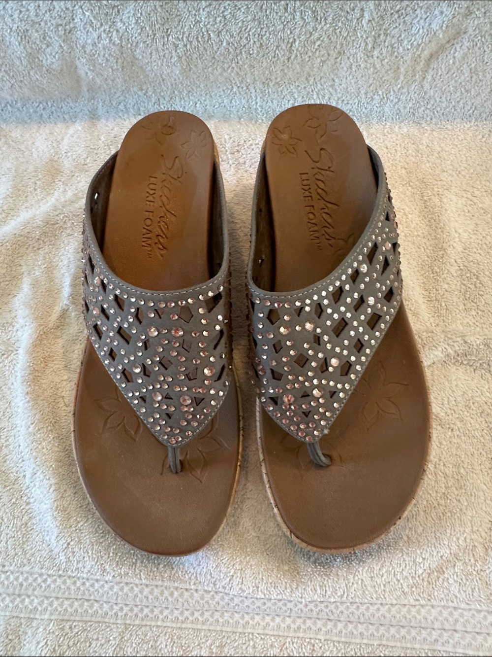Skechers Brown Leather-Look Thong Sandals with Gray Embellished Upper